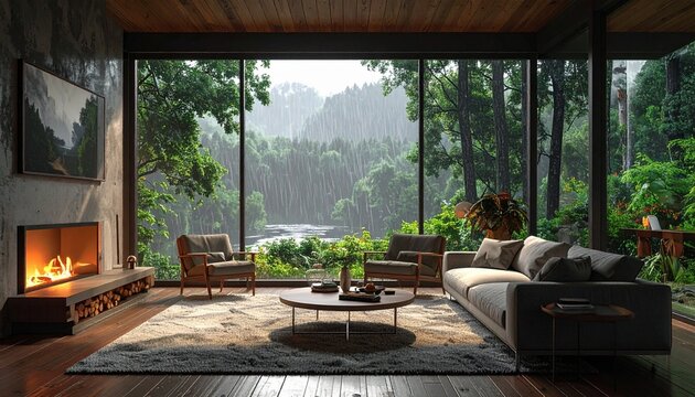 Cozy Living Room with Fireplace and Panoramic Window View of Lush Forest in Rainy Weather
