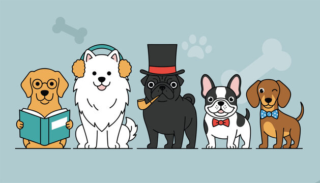 Charming row of diverse dog breeds including a golden retriever, samoyed, pug, french bulldog, and dachshund with quirky accessories.