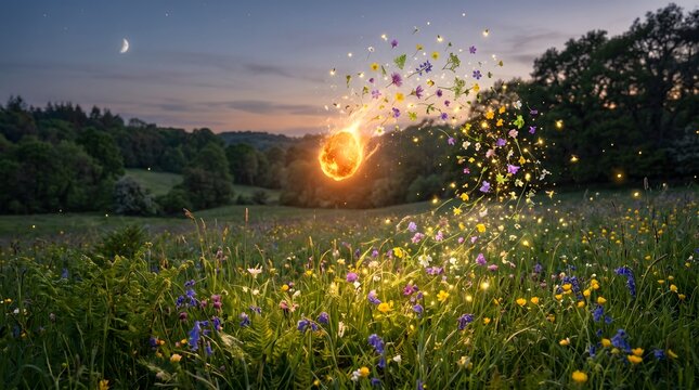 Beltane celebration with a magical fireball over a flower meadow