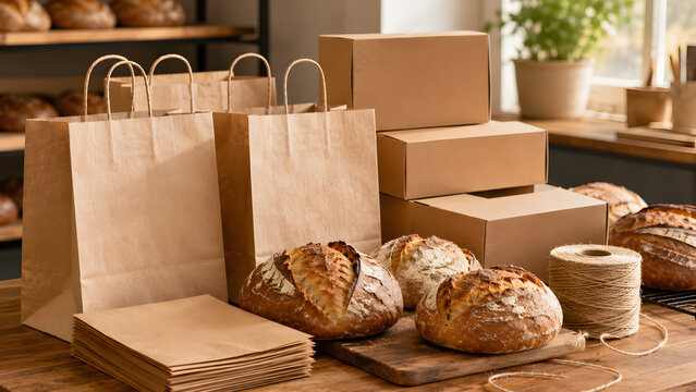 Eco-friendly kraft paper packaging for artisanal bakery products. Sustainable brown paper bags, cardboard boxes, and rustic bread loaves on a wooden counter