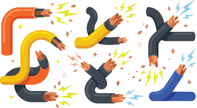 Electric Cable and Copper Wire Vector Icon Set with Sparking Lightning Flashes for Electrical Engineering, Power Supply, and Repair Graphic Designs