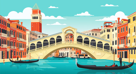 Venice Rialto Bridge Scenic Vector Illustration Featuring Traditional Gondolas Floating on Canals Under Bright Blue Sunny Italian Summer Skies © Life Studio