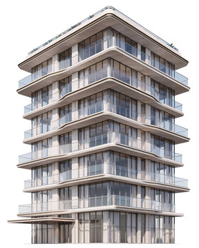 Modern apartment building with glass balconies and isolated on transparent background