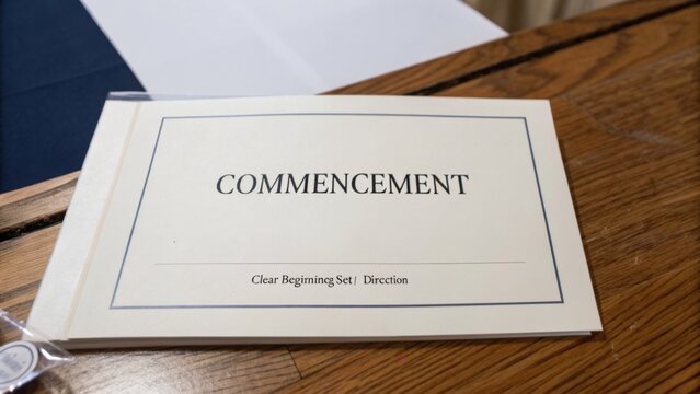 Elegant Commencement Program Displayed on a Wooden Table with Soft Natural Lighting and Simple Design Elements