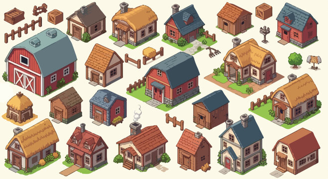 Isometric farm house vector set, medieval village buildings and rustic cottage collection, 20 rural architecture icons for game design and map creation