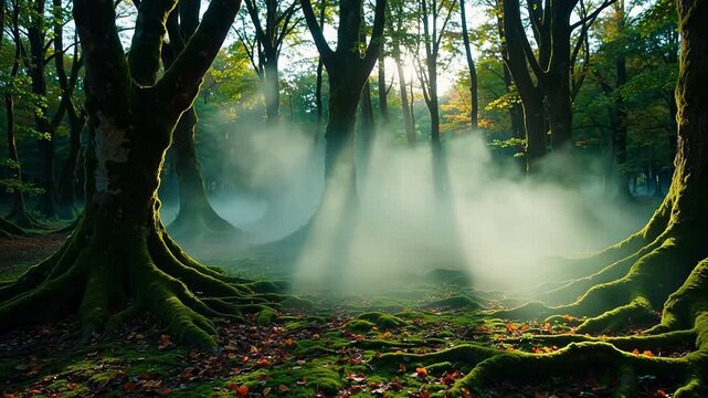 Mossy Glow: Ethereal Mist in Oakmoss Forest