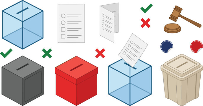 Isometric Voting and Election Vector Icon Set with Ballot Boxes, Gavel, and Survey Papers for Government Campaigns, Law, and Democratic Political Designs
