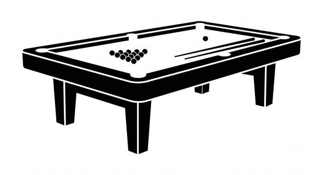 A silhouette of billiard balls and a cue stick arranged on a billiard table, against a plain white background.