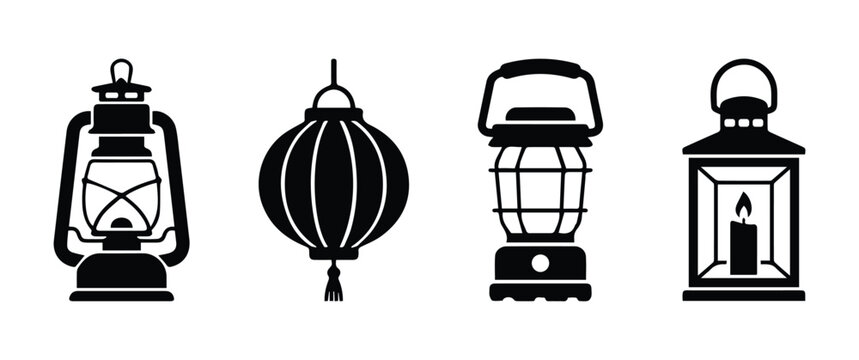 Lantern types set &mdash; oil lantern, paper lantern, camping lantern, candle lantern icon Silhouette Vector black design on a white background
