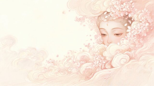 Growth mindset meets serene self-reflection as blooming cherry branches frame a peaceful face, blending mindfulness with continuous learning in a soft, ethereal pastel scene.
