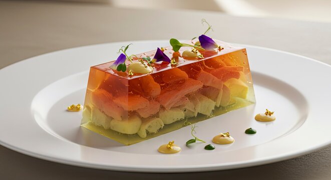 Exquisite Terrine of Salmon and Aspic with Edible Flowers and Gold Leaf