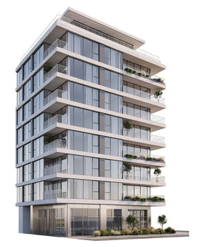 Modern high-rise apartment building with balconies and isolated on transparent background