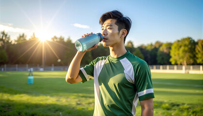 Fototapeta premium Asian Football Player Refilling Reusable Water Bottle During Training on Sunny Green Field