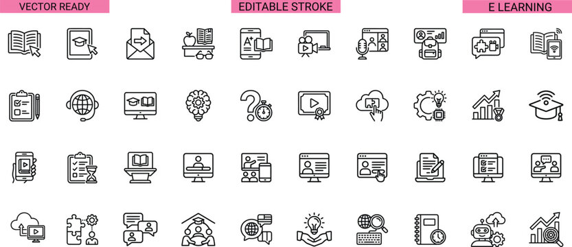 E Learning Online Education Virtual Classroom And Digital Training Editable Stroke Line Icons Set