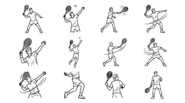 Tennis Player Action Sequence: Serving, Forehand, Backhand, Volley - Sketch Art