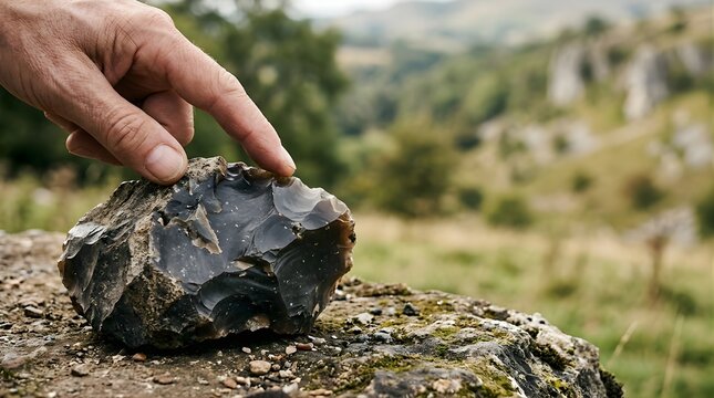 Hand touching a flint rock on a rural landscape backdrop for geology