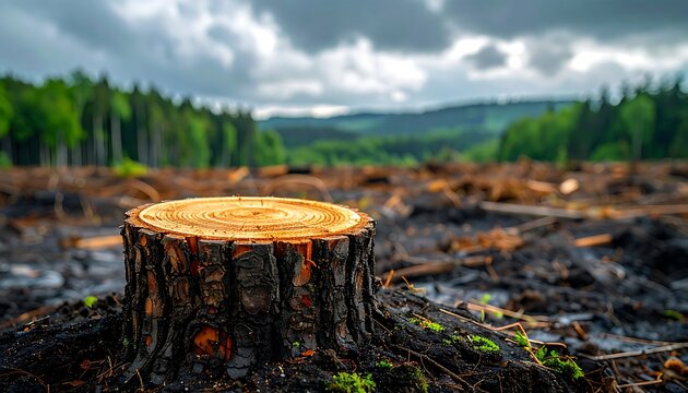 Close up of freshly cut tree stump in deforested landscape concept