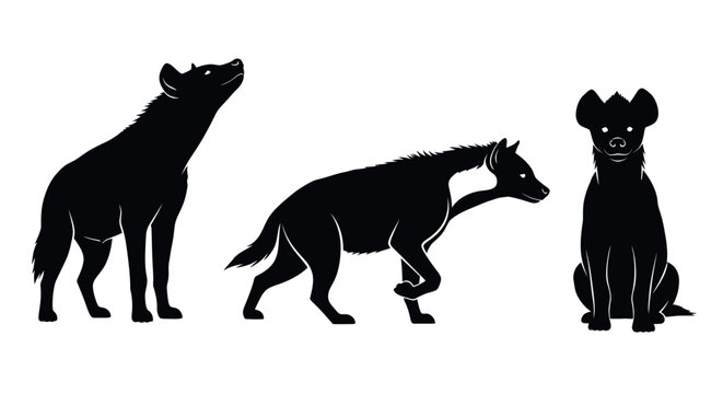 Three black dog silhouettes standing.