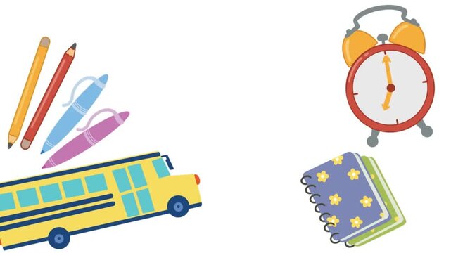 Cute School Supplies and Yellow Bus Frame Animation for Back to School Concept