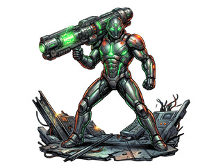 Fototapeta premium Armored futuristic soldier with heavy energy cannon sci fi futuristic cyberpunk military technology character shooting mechanical industrial tactical firepower aggressive destruction