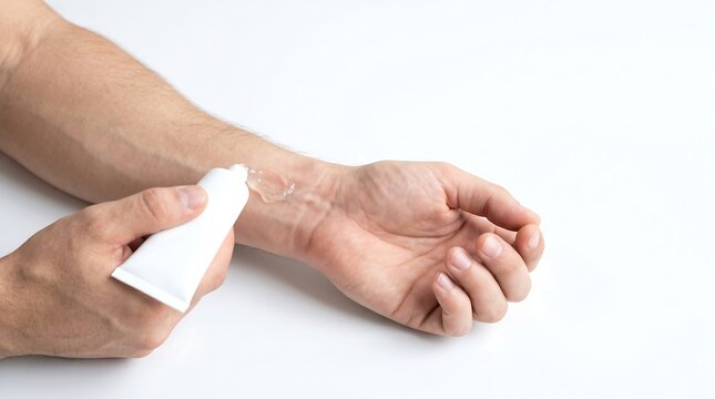 Close up of a man applying transparent medical gel from a white tube onto his wrist over a plain white background.