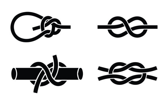 Rope knot types set &mdash; bowline, figure eight, clove hitch, square knot icon Silhouette Vector black design on a white background