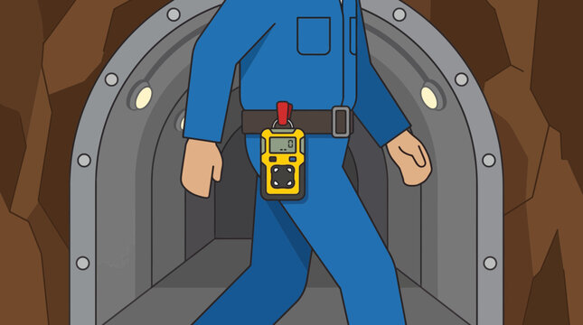 Gas Detector Device Clipped to Worker Belt in Tunnel