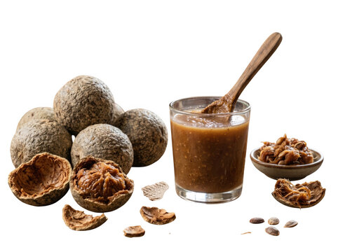 Wood apple fruit or feronia limonia with bowl of pulp and glass of juice food photography raw food sweet fruit tropical vitamins nutrition ingredient vegetarian superfood isolated delicious