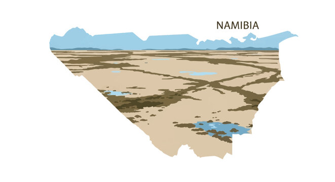 Namibia map silhouette containing a landscape illustration of flooded arid land, blue water pools, salt pans, and mountains under a blue sky with Namibia text on white background.