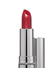 Obraz premium Red metallic lipstick tube with silver cap and isolated on transparent background