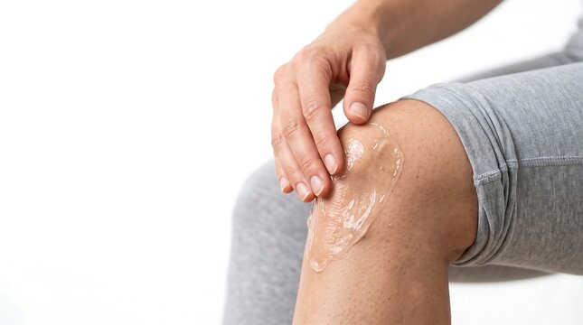 Close-up of a person applying transparent cooling gel or ointment to a painful knee for joint injury relief.