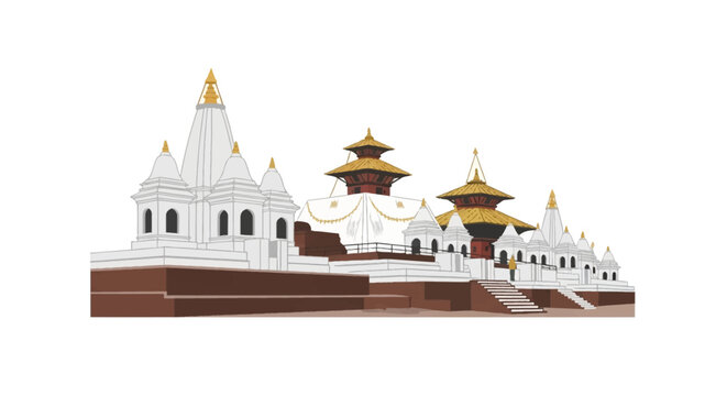 Vector illustration of the Pashupatinath Temple complex on the Bagmati River in Kathmandu, Nepal, featuring traditional Hindu shrines, tiered temples, and cremation ghats on a white background.
