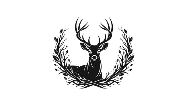 Minimalist Stag Deer Silhouette with Floral Laurel Wreath Vector Graphic