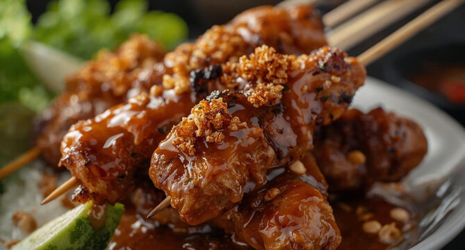 An appetizing close-up of grilled chicken skewers (Sate Ayam) resting on a rustic earthenware plate. The skewers are heavily coated in a thick, rich peanut sauce and generously topped with crispy frie