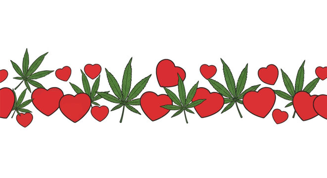 Seamless horizontal border featuring green marijuana leaves and red hearts on a plain white background. Flat vector illustration of cannabis plant foliage and love symbols for design.