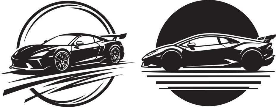 Sports car silhouette collection set inside geometric circular frames isolated on white background with silhouette, automotive