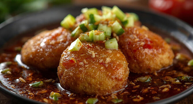 An extreme close-up of Pempek Palembang, featuring crispy, golden-brown fried fish cakes. The dish is drenched in a dark, rich, sweet, and spicy vinegar-based sauce (cuko), and topped with freshly dic