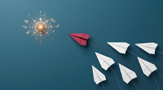 Red paper plane leading white planes towards glowing network node, leadership concept, team management, guidance, direction, innovation, business strategy, success path