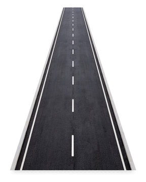 Straight asphalt road with white lane markings and isolated on transparent background