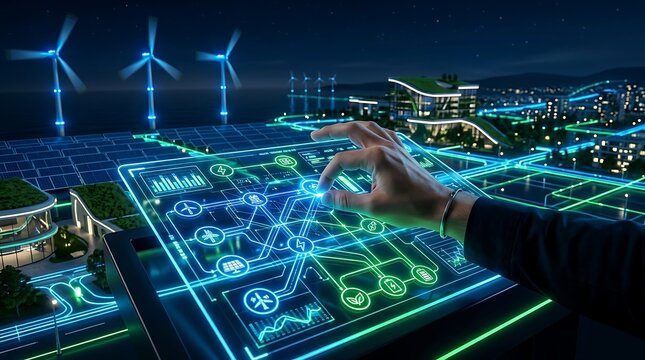 Digital Interface With Energy Icons And Futuristic Cityscape 3d Render