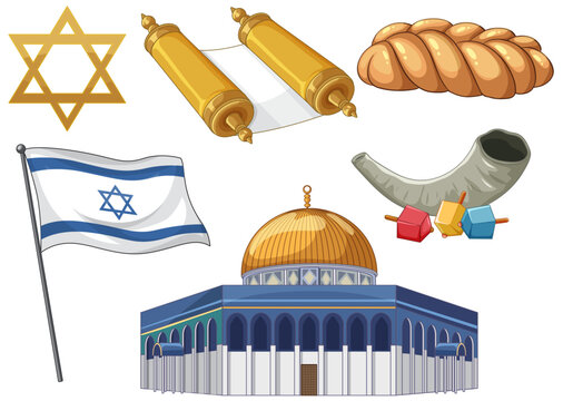 Collection of Traditional Jewish Symbols and Cultural Icons Vector Illustration