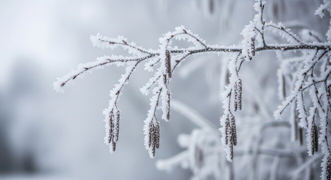 Closeup of birch tree branches covered with frost and snow in winter