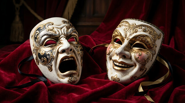 Two ornate theatrical masks on red velvet fabric indoors