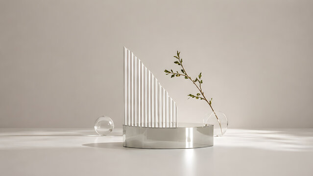 Cylindrical podium with botanical branch and soft shadow patterns on a neutral background. Product display setup with clean presentation space.