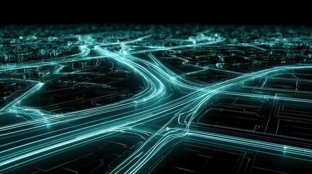 A visual representation of a supply chain network shows multiple glowing paths evaluated simultaneously in a dark setting for scenario planning.
