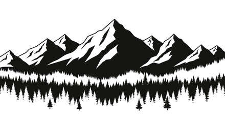 Minimalist Black and White Mountain Range and Pine Forest Silhouette Illustration © kiki__