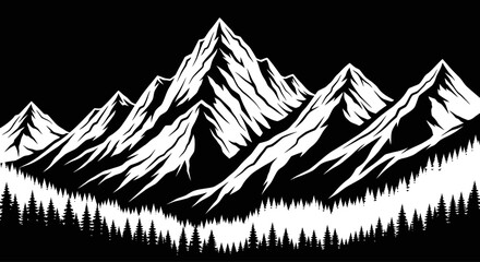 Fototapeta premium Black and White Mountain Range Silhouette with Pine Forest