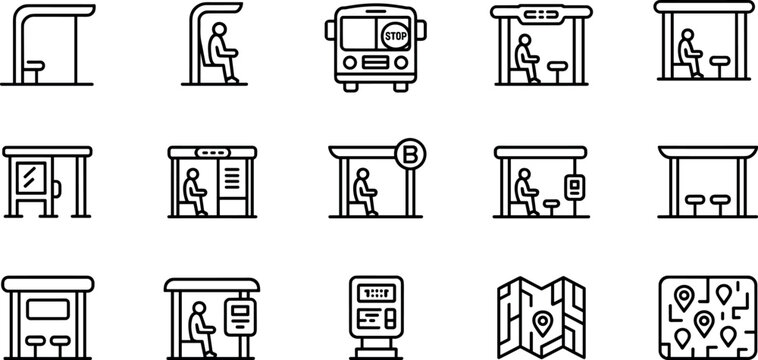 Bus stop and public transportation line icon set vector illustration featuring shelters passengers maps and transit schedule displays