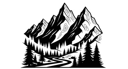 Fototapeta premium Black and White Mountain Landscape with Pine Forest Vector Illustration