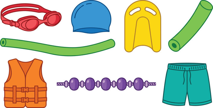 Swimming Pool Equipment and Water Sports Gear Vector Icon Set with Goggles Swim Cap Kickboard Noodle Life Vest Divider Float and Trunks Illustrations